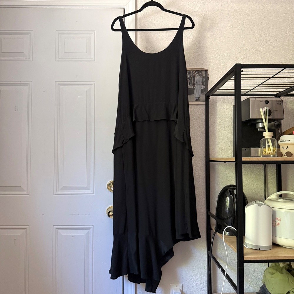 CATHERINE GEE black silk asymmetrical scoop ruffle sleeveless midi maxi dress